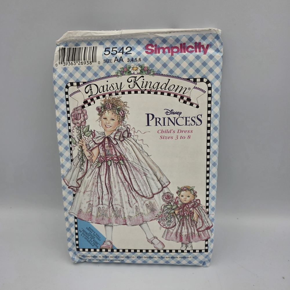 Simplicity 5542 Daisy Kingdom Disney Princess Girl Doll Dress Sz 3-8 Pattern NEW